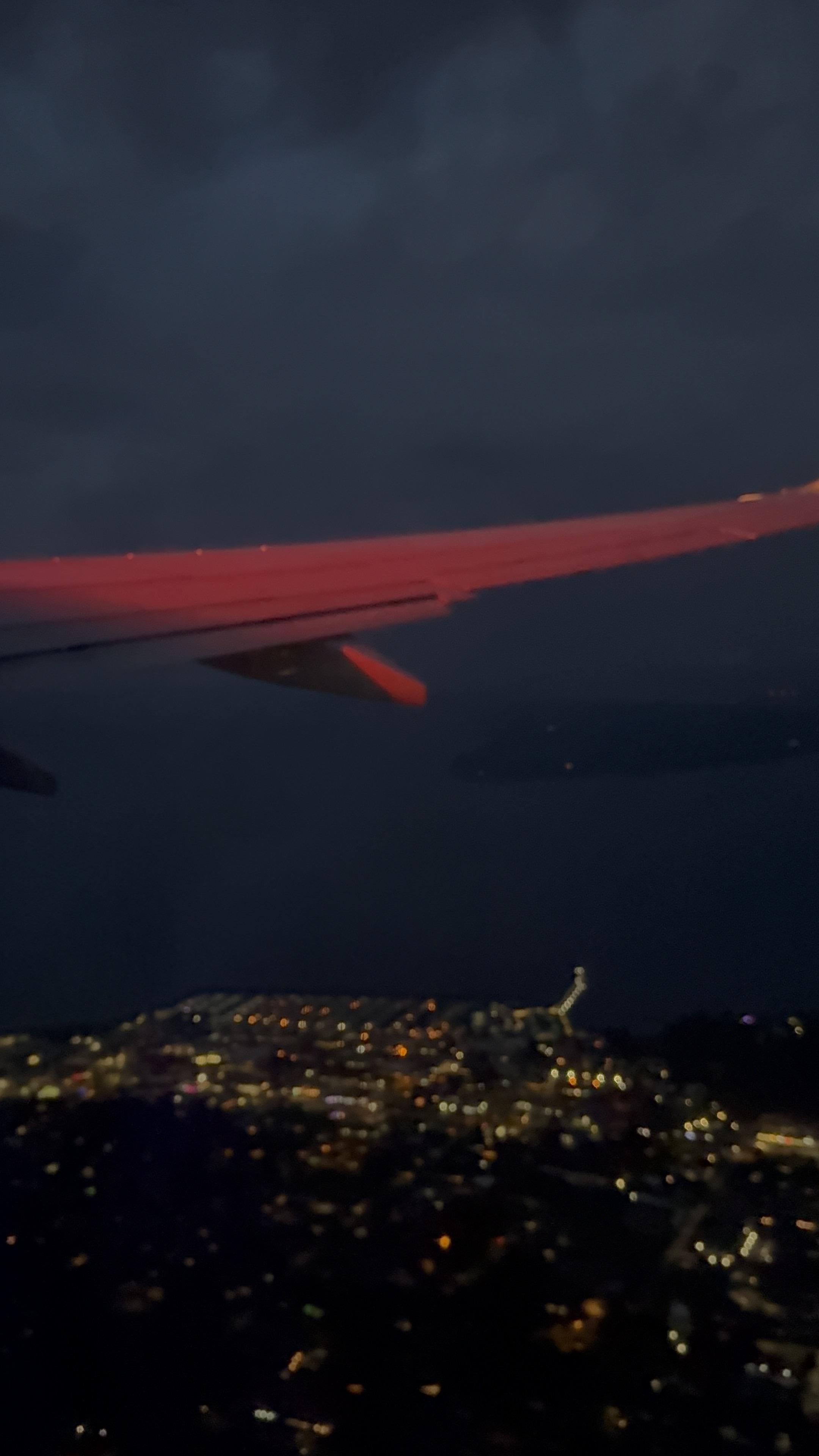 City lights viewed from an airplane at night
